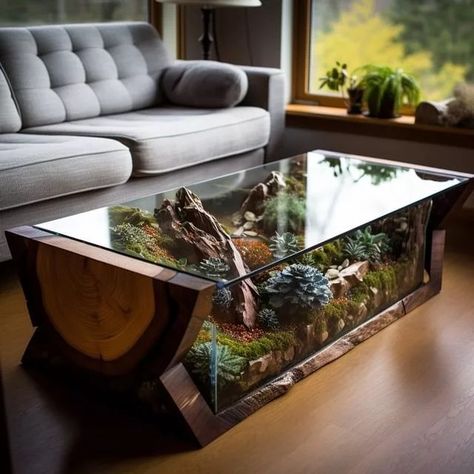 A Scandinavian-style coffee table with natural wood and white accents. Terrarium Furniture Ideas, Coffee Table With Plants Inside, Diy Unique Coffee Table Ideas, Hobbit Terrarium Diy, Terrarium Interior Design, Terrarium Decor Ideas, Terrarium Furniture, Plant Coffee Table, Terrarium Coffee Table