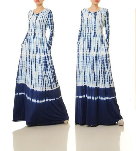 Shibori Dress | Tie Dye Dress Plus Size | Indigo Dress With Sleeves | Long Sleeve Dress Tie Dye Maxi Tie Died Ideas, Shibori Fashion, Mode Batik, Shibori Dress, Itajime Shibori, Indigo Dress, Maxi Dress Boho, Long Sleeve Boho Dress, Tie Dye Fashion