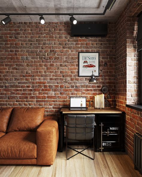 Loft apartment in Moscow Designer: IntDesignBuro on Behance Exposed Brick Apartment, Brick Wall Interior, Interior Design Loft Style, Brick Interior Design, Rustic Industrial Living Room, Loft Home Office, Mr Morale, Brick Living Room, Home Office Furniture Design