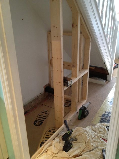 Studwork For Downstairs Cloakroom With Bathroom Installation In Leeds Understairs Toilet, Stairs Bathroom, Room Under Stairs, Small Downstairs Toilet, Bathroom Under Stairs, Cloakroom Toilet, Downstairs Cloakroom, Small Toilet Room, Under Stairs Cupboard