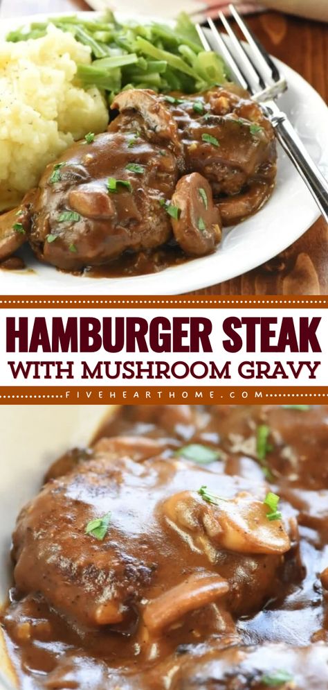 Hamburger Steak with Mushroom Gravy is a classic, comforting, quick and easy dinner recipe of mini ground beef patties in a rich, savory, gravy loaded with fresh mushrooms! Hamburger Steaks With Mushroom Gravy, Hamburger Steak With Mushroom Gravy, Steak With Mushroom Gravy, Baked Hamburgers, Ground Beef Patties, Perfect Hamburger, Hamburger Steak Recipes, Hamburger Steak And Gravy, Hamburger Gravy