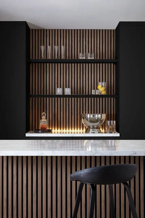 Black Bar Backsplash, Built In Bar Area In Living Room, Black Accent Wall Coffee Bar, Bar Area Backsplash, Under Counter Wall Ideas, Basement Bar Kitchen Ideas, Midcentury Wet Bar, Cool Basement Bar Ideas, Art Deco Basement Bar