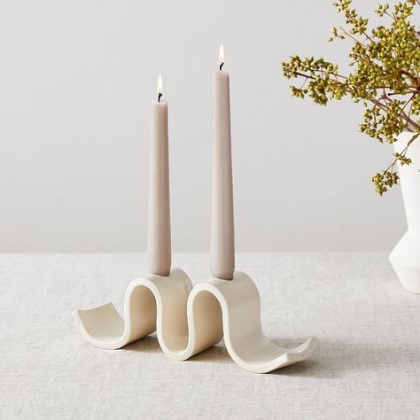 It elegantly holds two tapered candles. Looks effortlessly stylish on your mantel or table. Doubles as sculptural, modern art. Black Sticks In Vase, Modeling Clay Candle Holders, Ceramic Hand Building Ideas, Extruded Ceramics, Clay Candle Holders, Clay Candle, Modern Candle Holders, Air Dry Clay Projects, Modern Candles