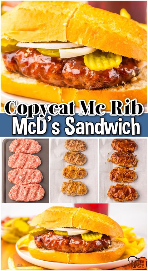 Everybody always gets excited when the McRib comes back, but why wait? You can make this Copycat McRib right at home and it takes no time! A tender pork patty is smothered in BBQ sauce and served with pickles and white onion on a soft bun. Skip the drive-thru!! Homemade Mcrib Sandwich, Whataburger Recipe Copycat, K Mart Subs, Slim Jim Sandwich, Firehouse Subs Copycat Recipes, Mcdonald Recipes, Mcrib Sandwich, Pork Chop Sandwich, Mcdonalds Copycat Recipes