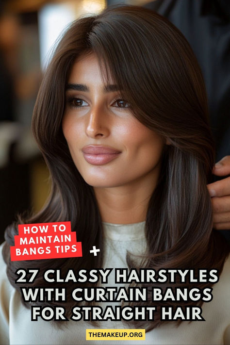 How To Maintain Bangs Tips: Plus 27 Classy Hairstyles With Curtain Bangs for straight hair Curtain Bangs High Forehead, Long Curtain Bangs Updo, Longer Bangs With Long Hair, Curtain Bangs Unstyled Straight Hair, Curtain Bang Straight Hair, Medium Straight Hair With Bangs, Curtain Bangs Long Hair Straight, Curtain Bang Haircut, Curtain Bangs For Straight Hair