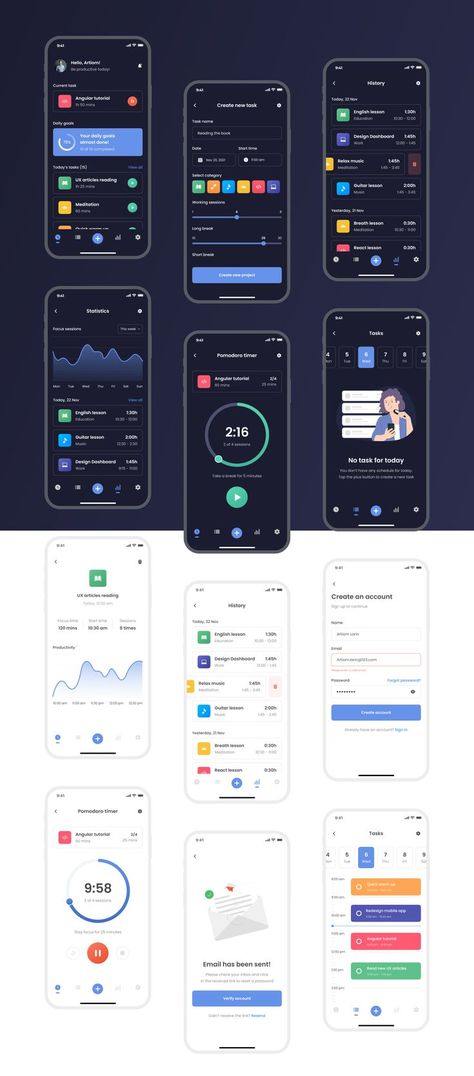 UI Kit Pomodoro App Design, Pomodoro App, Todo List App, Habit App, Photoshop Web Design, Theme Dark, Task Manager, Ios Ui, App Home