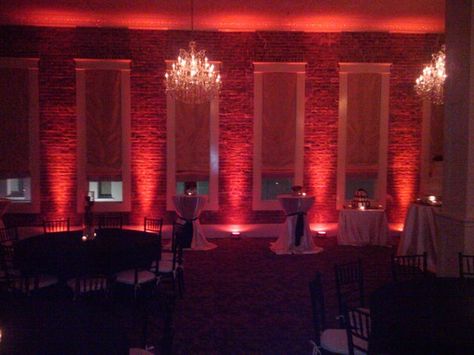 Red uplighting for breezeway and inside the house.    www.BrassTacksEvents.com Red Lighting Wedding, Uplighting For Wedding Reception, Wedding Venue Uplighting, Event Uplighting, Red Uplighting Wedding, Red Uplighting, Gala Decorations, Wedding Reception Lighting, Wine Event