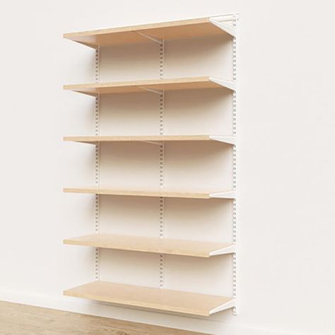 Elfa Décor 4' White & Birch Basic Shelving Units for Anywhere | The Container Store Entertainment Shelves, Shallow Pantry, Elfa Shelving, Shop Shelving, Shelving Storage, Pantry Shelving, Shelving Solutions, Laundry Room Shelves, Custom Shelving