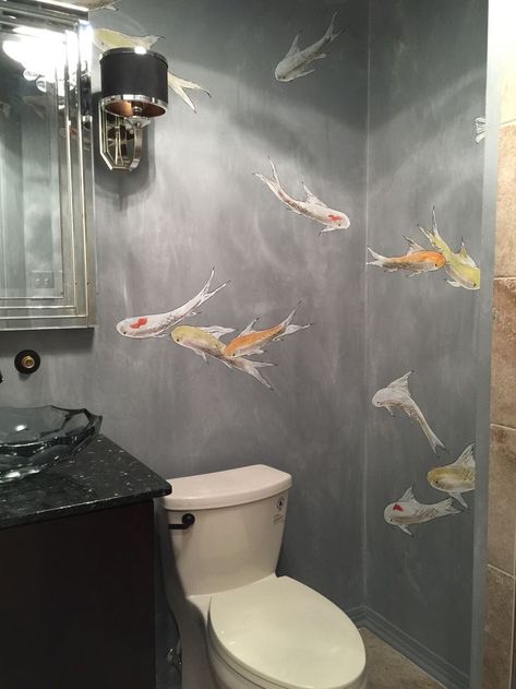 Koi Fish Wallpaper Bathroom, Bathroom Ceiling Mural, Sea Life Bathroom, Unique Bathroom Walls, Water Themed Bathroom, Koi Fish Bathroom, Small Bathroom Mural Ideas, Small Bathroom Mural, Bathroom Murals Painted