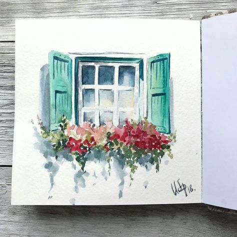 Green Shutters, 심플한 그림, Canvas For Beginners, Canvas Painting Ideas, Watercolor Paintings For Beginners, Watercolour Inspiration, Watercolor Paintings Easy, Watercolor Painting Techniques, 수채화 그림