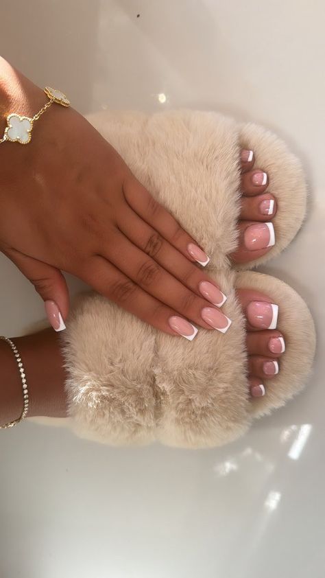 French Tip Pedicure Black Women, Manicure Pedicure Aesthetic, French Tip Nails And Toes Black Women, Manicure And Pedicure Aesthetic, French Nail Pedicure, French Mani And Pedi, Nail Astethic, French Nails And Toes, M Initial Nails