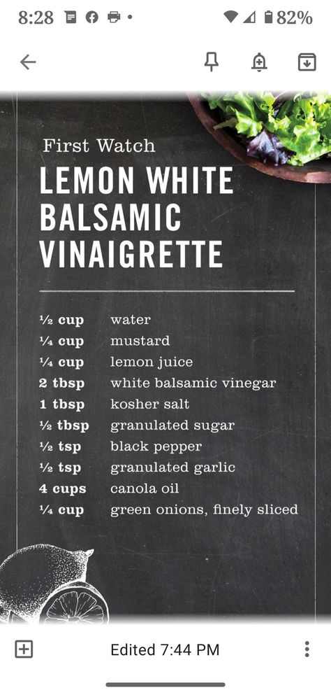 First Watch Copycat Drinks, First Watch Lemon Dressing, White Balsamic Vinegar Recipes, Lemon Salad Dressings, Balsamic Vinegar Recipes, White Balsamic Vinaigrette, Vinaigrette Dressing Recipe, Vision 2023, Balsamic Vinaigrette Dressing