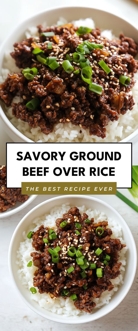 Image for Savory Ground Beef Over Rice Beef Over Rice Recipes, Ground Beef White Rice Recipes, Meat And Rice Dishes, White Rice And Ground Beef Recipes, Asian Ground Beef And Rice, Sticky Beef And Rice, Ground Beef Over Rice, Lunch Ideas With Ground Beef, Chinese Ground Beef Recipes