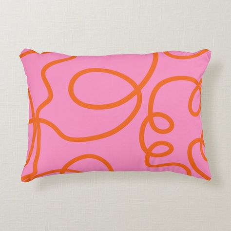 Pink And Orange Abstract Lines Brush Strokes Accent Pillow Statement Pillow, Pastel Bedroom, Preppy Decor, Orange Sofa, Dorm Room Inspiration, Office Inspo, Contemporary Illustration, College Apartment, Orange And Pink