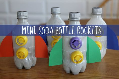 Toddler Approved!: Mini Soda Bottle Rocket Craft for Toddlers Soda Bottle Rocket, Rocket Ship Craft, Bottle Art Projects, Space Theme Preschool, Rocket Craft, Space Week, Space Themes, Space Preschool, Water Bottle Crafts