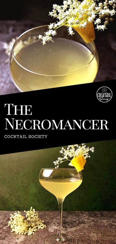 The Necromancer cocktail, quite the contrary to what the name suggests, is floral and easy to drink. It combines sweet and smooth elderflower liqueur with herbal and mystical Absinthe. #TheNecromancerCocktail #Elderflower #Elderflowerliqueur #ElderflowerCocktail #Absinthe #AbsintheCocktail #Cocktail #Cocktailrecipe The Necromancer Cocktail, Necromancer Cocktail, Vodka Cocktails For A Crowd, Absinthe Cocktail, Elderflower Cocktail, Floral Drink, Tea Cocktails, Spring Cocktails, Halloween Cocktails