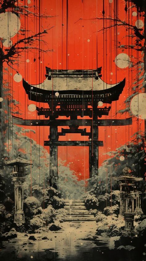 Japanese Gates Entrance, Japanese Cloud Pattern, Vintage Japanese Illustration, Japanese Shrines, Japanese Gate, Japanese Background, Paper Clouds, Wood Block Print, Japanese Shrine