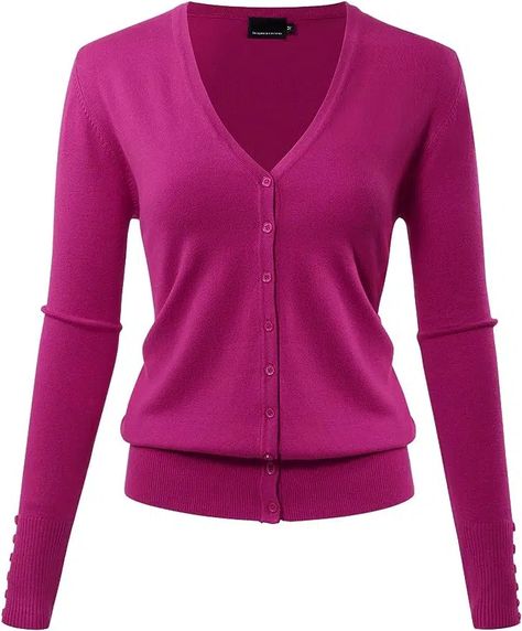 Beautiful Ways to Wear The Trending Color Magenta - 50 IS NOT OLD - A Fashion And Beauty Blog For Women Over 50 50 Is Not Old, Soft Knit Cardigan, Hot Sweater, Button Down Sweater, Color Magenta, Long Sleeve Knitted Cardigan, Basic Sweaters, Burgundy Sweater, Lightweight Cardigan