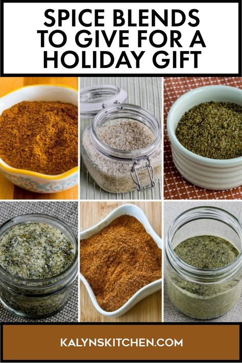 "Pinterest Image of Spice Blends to Give for a Holiday Gift showing six different spice blends in various containers with different backgrounds." Gift Spice Mixes, Spice Gifts Diy, Spices That Go Well Together, Savory Spice Blend, Homemade Spice Mixes Gift, Herb Blends Spice Mixes, Diy Spice Blends Homemade Seasonings, Spice Blends For Coffee, All Purpose Spice Blend