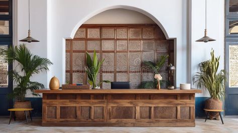 Generative AI, Front desk of boho hotel, reception stock photos Wicker Reception Desk, Small Hotel Lobby Design Reception Desks, Hotel Reception Interior Design, Boutique Hotel Reception, Traditional Reception Desk, Boutique Reception, Pos Counter, Reception Interior Design, Front Desk Hotel