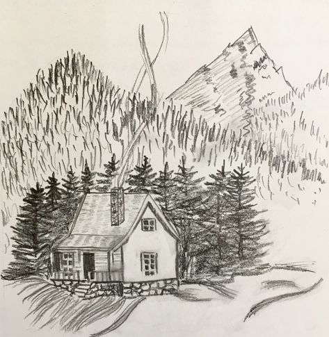 Cabin in the woods Log Cabin Drawing Pencil, Cabins In The Woods Drawing, Simple Cabin Drawing, Log Cabin Sketch, Cottage In The Woods Drawing, Cabin In Woods Drawing, How To Draw A Cabin, House In Forest Drawing, Wood House Drawing