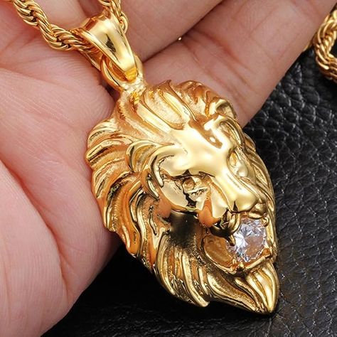 Jewelry Kingdom 1 Stainless Steel Vintage Men's Gold Lion Pendant Necklace White Stone Rope Chain 24" | Amazon.com Lion Pendant Gold, Vintage Pendant Necklace, Lion Necklace, Lion Pendant, Lion Images, Gold Lion, Christmas Birthday Party, Plate Necklace, Mens Pendant