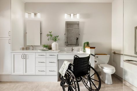 Bathroom of the Week: Light, Bright and Wheelchair-Accessible Wheelchair Accessible Bathroom Vanity, Wheelchair Accessible Home, Wheelchair Accessible Bathroom, Wheelchair Accessible Shower, Mom Bathroom, Accessible Kitchen, Ada Bathroom, Condo Bathroom, Accessible Design