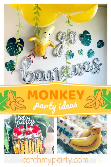 Monkey Party Food Ideas, Lets Go Bananas Birthday, Monkey Party Food, Monkey Banana Birthday Party, Monkey See Monkey Two Birthday Party, Monkey Second Birthday, Banana Party Food, Banana Theme Party, Banana Themed Birthday Party