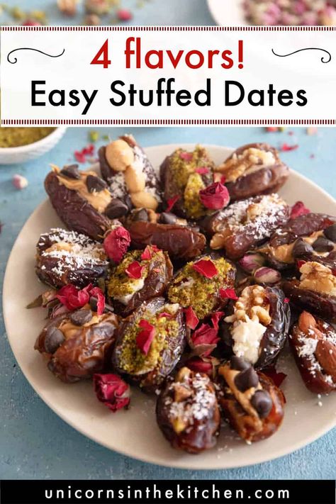 Dried Fruit Appetizers, Easy Stuffed Dates, Stuffed Dates Vegan, Stuffed Medjool Dates, How To Make Dates Taste Good, Roasted Stuffed Dates, Stuffed Date Recipes, Appetizers With Dates, Recipes With Dates Snacks