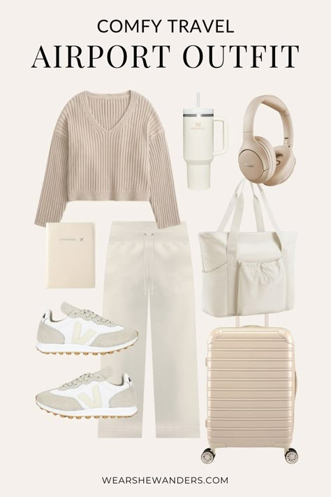 What To Wear While Traveling, Stylish Travel Outfit, Cute Airport Outfit, Chic Travel Outfit, Airport Outfit Ideas, Comfortable Travel Outfit, Comfy Airport Outfit, Airport Outfit Summer, Flight Outfit