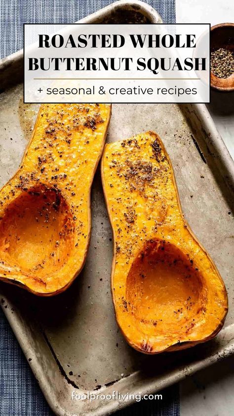 Roasted Whole Butternut Squash on a tray.