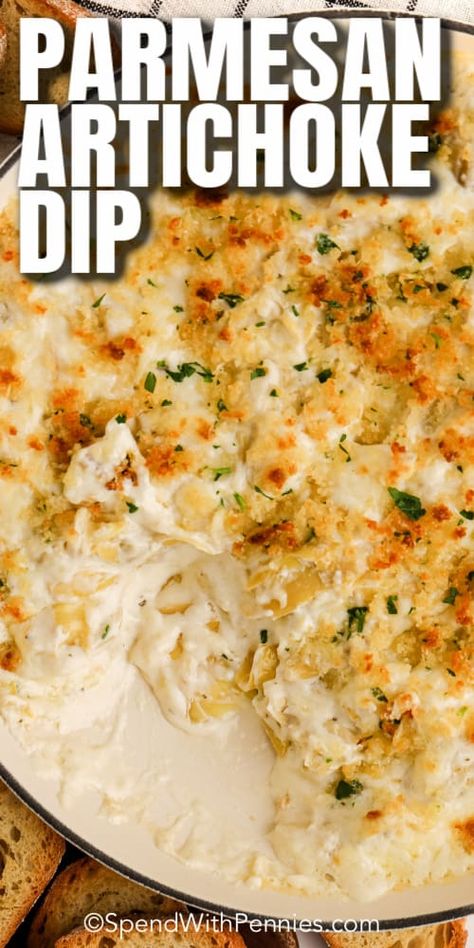 This creamy baked parmesan artichoke dip recipe is the perfect appetizer. This snack is perfect for game day. Add spinach to make a spinach artichoke dip. #spendwithpennies #diprecipe #artichokedip #spinachartichokedip Parmesan Artichoke Dip, Parmesan Artichoke, Chocolate Appetizers, Artichoke Parmesan Dip, Baked Artichoke, Artichoke Dip Recipe, Artichoke Recipes, Snack Dip, Spinach Artichoke Dip