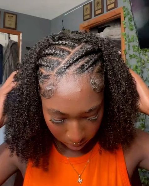 Braids Into Natural Hair, Half Cornrows Half Curly Hair Natural, Braids And Natural Hair, Half Braids Half Hair Down, Half Afro Hairstyles, Braiding Half Up Half Down, Half Braids Half Curly Natural Hair, Half Braided Half Down Natural Hair, Half Braided Afro Hairstyles