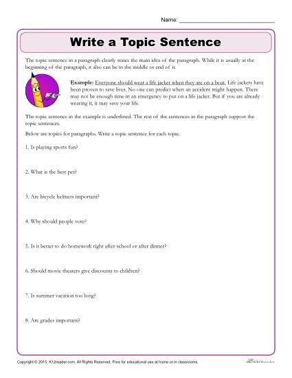 Writing Worksheet Activity - Topic Sentences Topic Sentence Worksheet, Paragraph Writing Topics, Sentence Worksheet, Writing Sentences Worksheets, 6th Grade Writing, Writing Sentences, Reading Printables, Sentence Activities, 5th Grade Writing