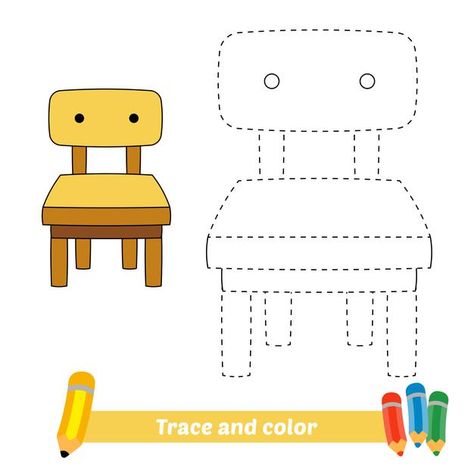 Trace And Color Worksheets For Kids, Color Worksheet, Trace And Color, Panda Gif, Chair Drawing, Yellow Armchair, Coloring Drawing, Tracing Sheets, Wooden Room