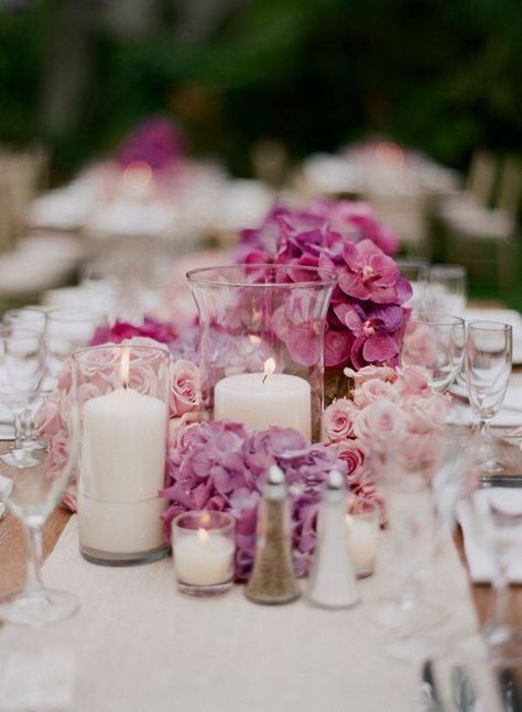 Centerpiece Purple, Wedding Decorations Diy Centerpiece, Candles And Flowers, Purple Centerpieces, Mindy Weiss, Diy Centerpiece, Blue Wedding Inspiration, Hydrangeas Wedding, Hydrangea Purple