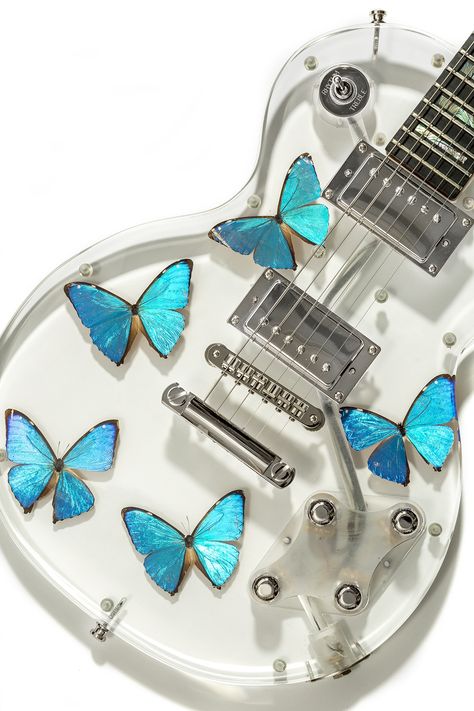 The latest guitar was completed and photographed last week. it is an acrylic guitar with taxidermised Brazlian butterflies. The butterflies are humidified, spread and pinned before being carefully placed between the two acrylic halves of the Les Paul styl… #acrylicguitar #transparentguitar #morpho #butterflies #butterfly #perspexguitar #guitar #electric guitar #luthier #art Akordy Na Ukulele, Beruang Grizzly, Instruments Art, Electric Guitar Design, Unique Guitars, Cool Electric Guitars, Beautiful Guitars, Guitar Art, Ukelele