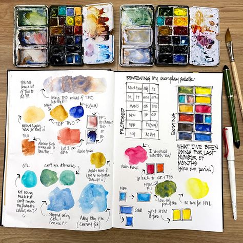 Reviewing my everyday palette - Liz Steel : Liz Steel Mixing Aesthetic, Watercolour Swatches, Watercolour Mixing, Liz Steel, Watercolour Palette, Watercolor Notebook, Colors Mixing, Travel Sketching, Mixing Colours