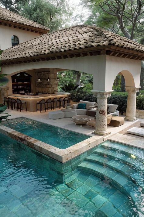 Pool At Home Ideas, Pool Garden Ideas Backyard Landscaping, Patio By Pool, Summer House Interior Ideas, Backyard Ideas Pool, House With Pool And Garden, Pool Backyard Design, Mediterranean Pool Design, Spanish Pool