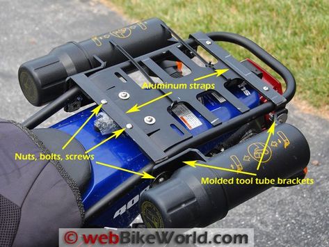 Motorcycle Tool Tubes on Luggage Rack Adventure Motorcycle Gear, Motorcycle Luggage Rack, Motorcycle Storage, Motorcycle Camping Gear, Klr 650, Diy Motorcycle, Adventure Motorcycle, Dual Sport Motorcycle, Motorcycle Luggage