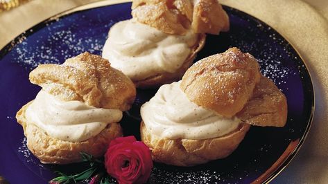 Eggnog Cream Puffs Recipe - BettyCrocker.com Betty Crocker Cream Puffs Recipe, Coffee Whipped Cream Recipe, Flavored Whipped Cream, Cream Puff Recipe, Recipes With Whipping Cream, App Ideas, Eggnog Recipe, Egg Nog, Cream Puff