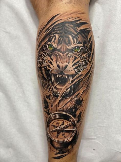 Loin Tattoos, Tiger Face Tattoo, Calf Tattoo Men, Alas Tattoo, Band Tattoos For Men, Lion Tattoo Sleeves, Wolf Tattoo Sleeve, Lion Head Tattoos, Tiger Tattoo Design