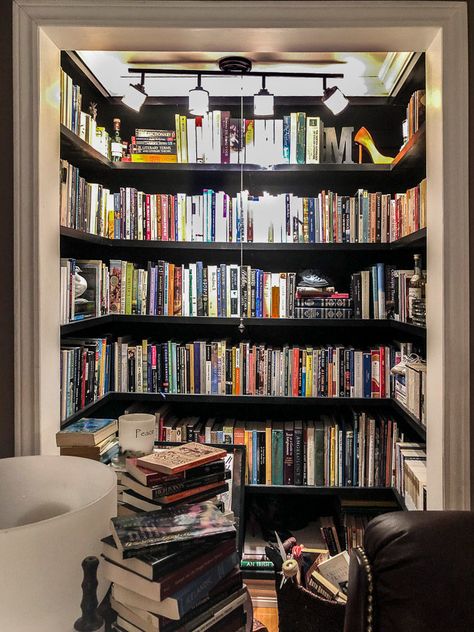 I Went to See a Medium. She Was Not From Long Island. | The Art of Doing StuffThe Art of Doing Stuff Home Library For Small Spaces, Closet To Library, Closet Into Library, Closet Bookshelf Ideas, Closet Into Bookshelves, Bookshelves In Closet, Bookshelf Island, Closet Library Ideas, Tiny Library Room