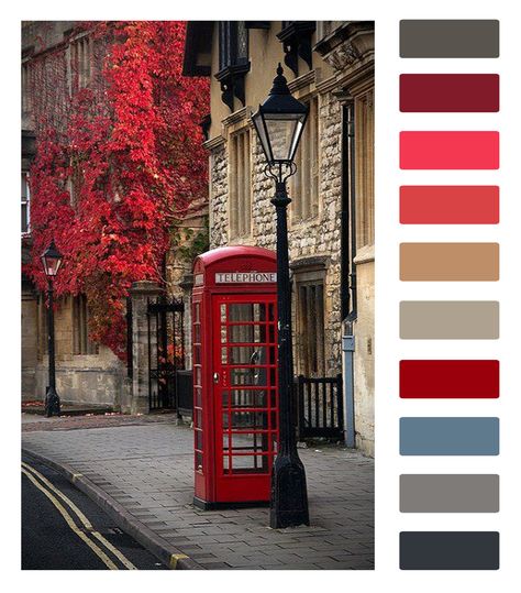 Colour palette inspired by Oxford London Colour Palette, English Colors Palette, London Color Palette, England Moodboard, English Colours, London Telephone Booth, 1960s London, Colour Themes, Create Color Palette