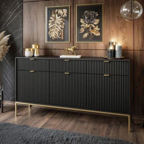 Black And Gold Salon, Black And Gold Office, How To Decorate A Sideboard, Industrial Style Interior, Sophisticated Furniture, Gold Rooms, Black Drawers, Gold Living Room, Gold Bedroom