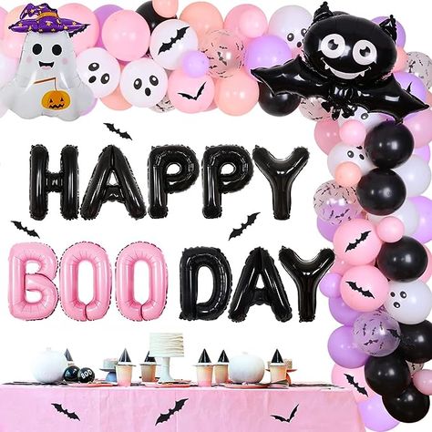 Happy Boo Day Party Decorations Pink Purple Black Halloween Balloon Garland Kit - Halloween Birthday Party Decorations Girls with Ghost Bat Balloon 3D Bats Wall Stickers for Happy Boo Day Supplies Black Halloween Balloon Garland, Boo Day Party, Ghost Theme Party, Bat Balloon, Happy Boo Day, Halloween Birthday Decorations, Halloween Balloon Garland, Halloween Theme Birthday, Halloween Birthday Party Decorations