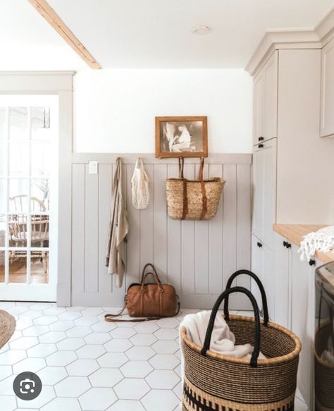 Mudroom With Wainscotting, Hexagon Tile Mudroom, Vertical Wainscoting, Mudroom Wainscoting, Tile Mudroom, Grey Laundry, Hexagon Tile, Farmhouse Laundry Room, Farmhouse Laundry