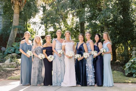 Bridesmaids Shades Of Blue, Shades Of Blue Bridesmaids Dresses, Bridal Party Shades Of Blue, Navy Bridesmaid Dresses Mismatched, Shades Of Blue Dresses, Multicolored Blue Bridesmaids Dresses, Different Shades Of Blue Bridesmaids, Shades Of Blue Bridesmaids, Blue Bridesmaid Dresses Colorful Flowers