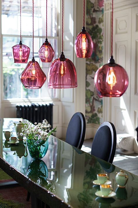 Pear Drop Glass Pendant Lights: Hand-Blown Glass Lights — Curiousa & Curiousa 50s Chandelier, Ruby Pendants, Colorful Table Lamp, Diy Lampe, Blown Glass Pendant, Deco Luminaire, Statement Lighting, Poppy Red, Lighting Inspiration