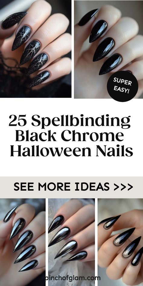 Explore the spooky chic trend with these stunning Black Chrome Halloween nails! Elevate your Halloween nail game with intricate designs and bold colors. Embrace the dark side this season by mixing black and chrome for a modern and edgy manicure look. Whether you're into intricate details or minimalist designs, these Black Chrome Halloween nails are perfect for adding a touch of glam to your October style. Black Chrome Nail, Chrome Halloween Nails, Glamorous Halloween, Black Chrome Nails, Chrome Designs, Black Halloween Nails, Sharp Nails, Chrome Nail Art, Chrome Nails Designs